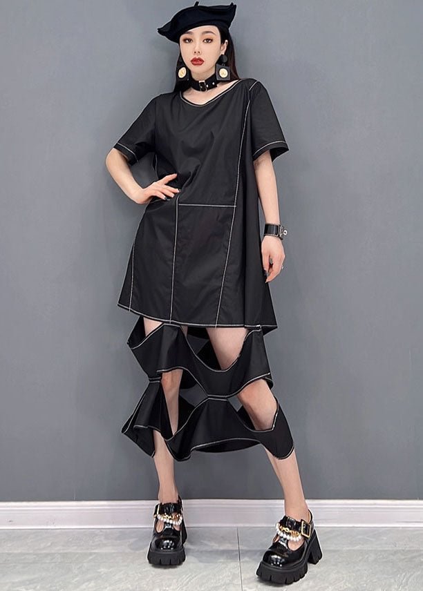 Chic Black O-Neck Ripped Patchwork Long Dress Short Sleeve