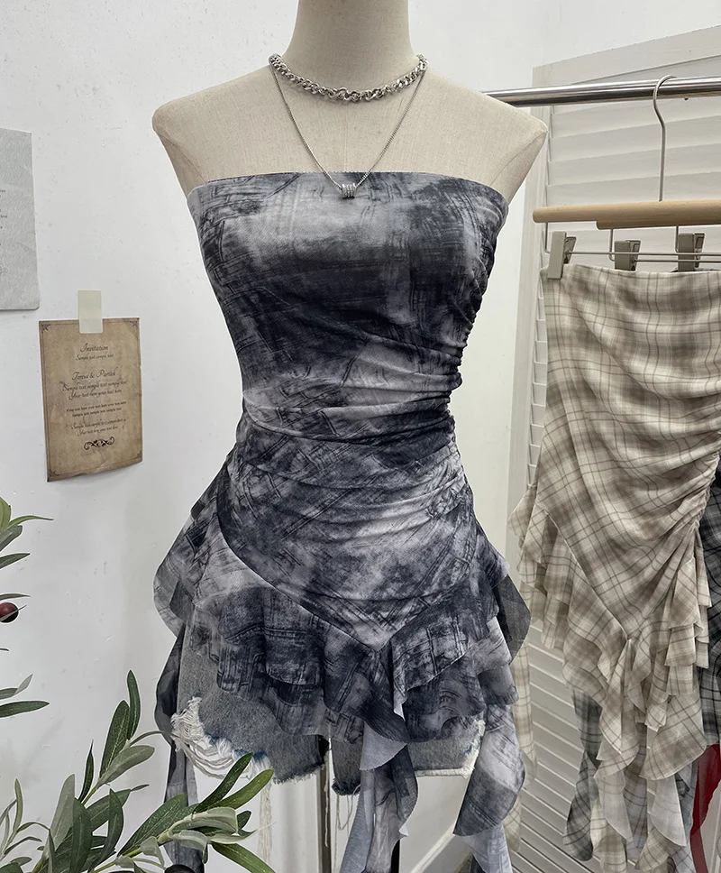 Nigikala Nigikala Shooting Hottie Sexy Shoulder Irregular Lotus Side Ribbon Bram Repair Print Sleeveless Top 1228