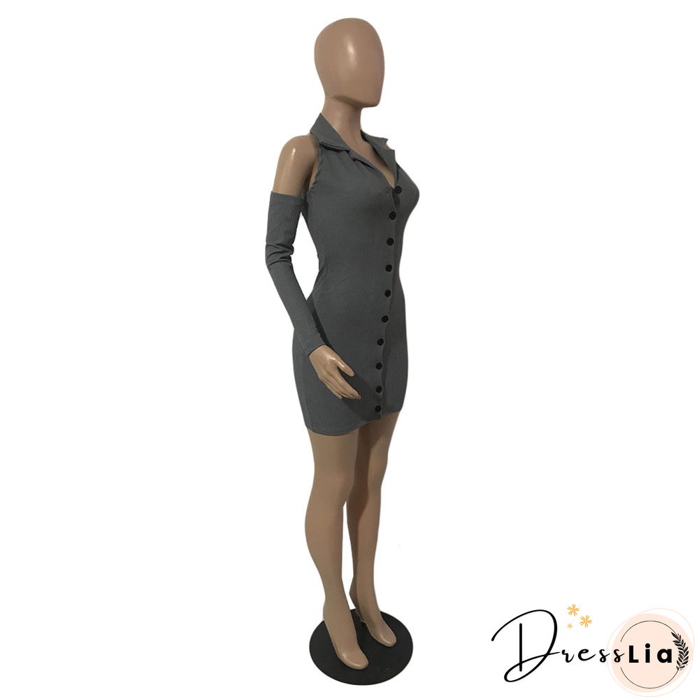 Autumn Ribbed Long Sleeve Lapel Bodycon Mini Dress