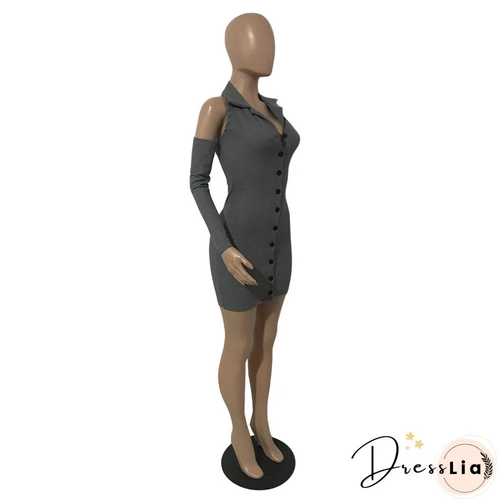 Autumn Ribbed Long Sleeve Lapel Bodycon Mini Dress