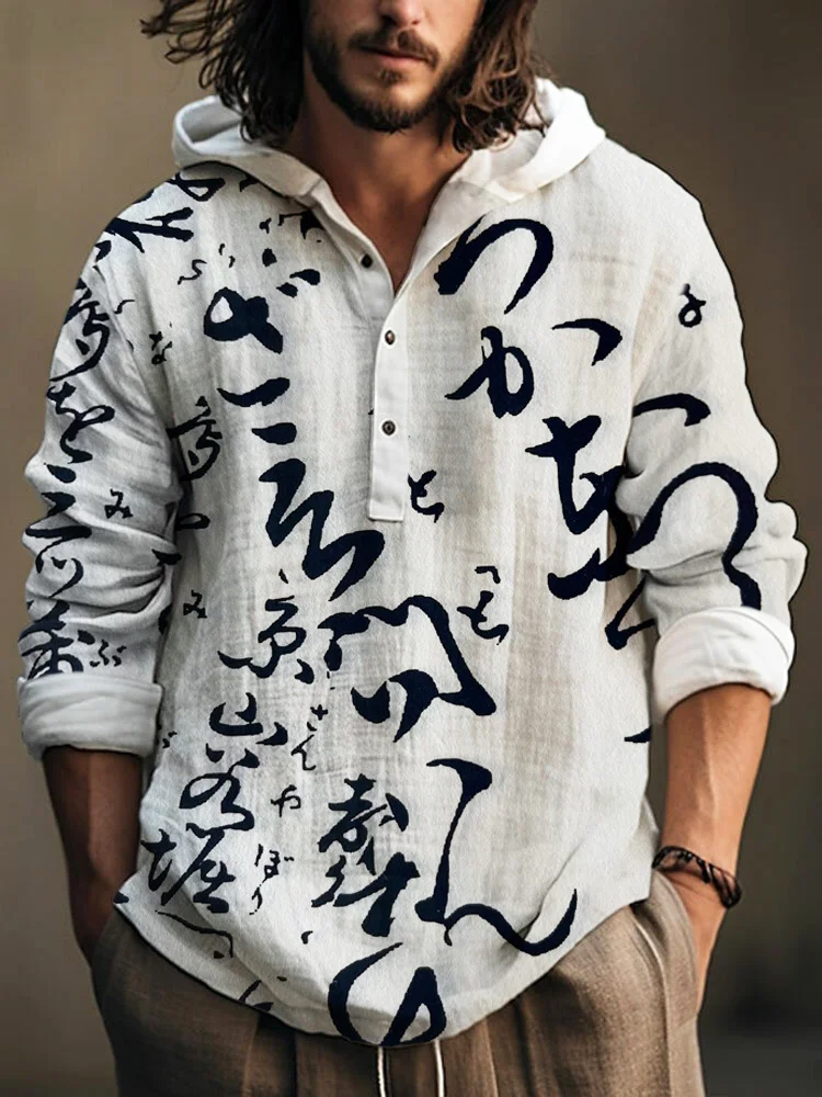 Japanese Word Art Print Linen Hooded Long Sleeve Shirt