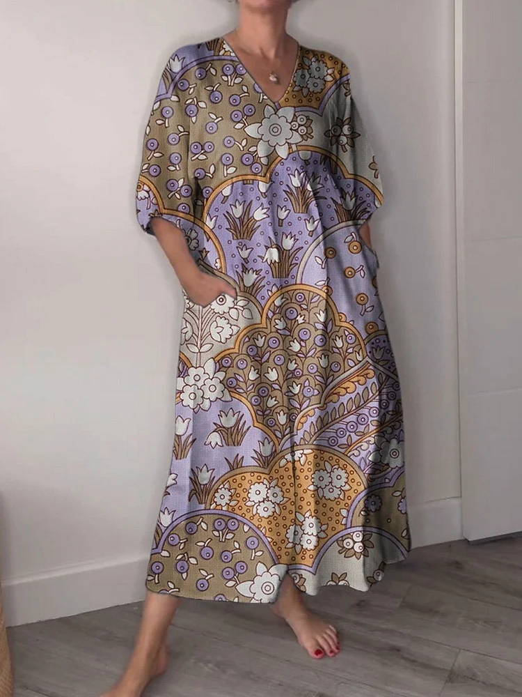 Vintage European Garden Pattern Printed Women's Pocket V-Neck Cotton Dress