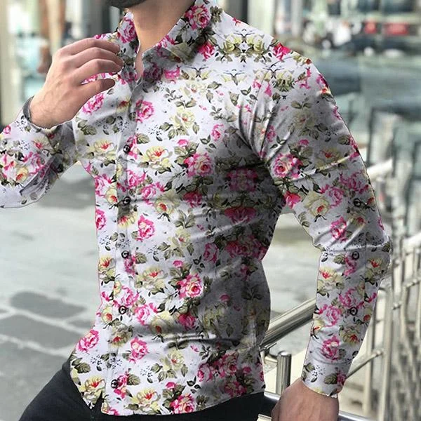Men Fashion Spring Autumn Long Sleeve Floral Printed Shirts