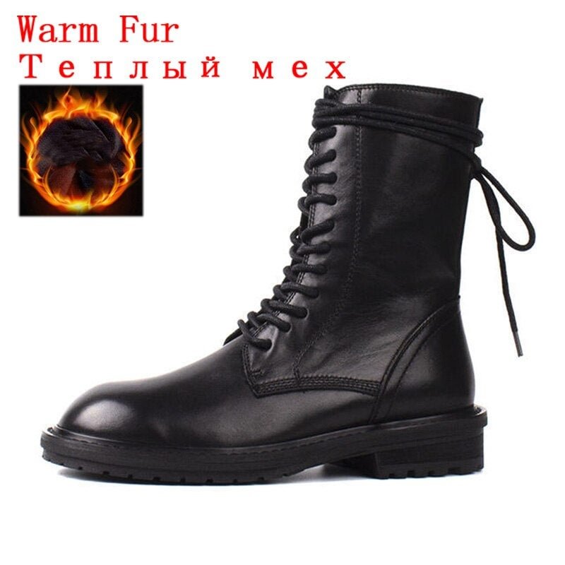 CXJYWMJL Genuine Leather Autumn Martin Boots For Women Fashion Motorcycle Boots Winter Shoes Side Zipper Cowhide Warm Booties