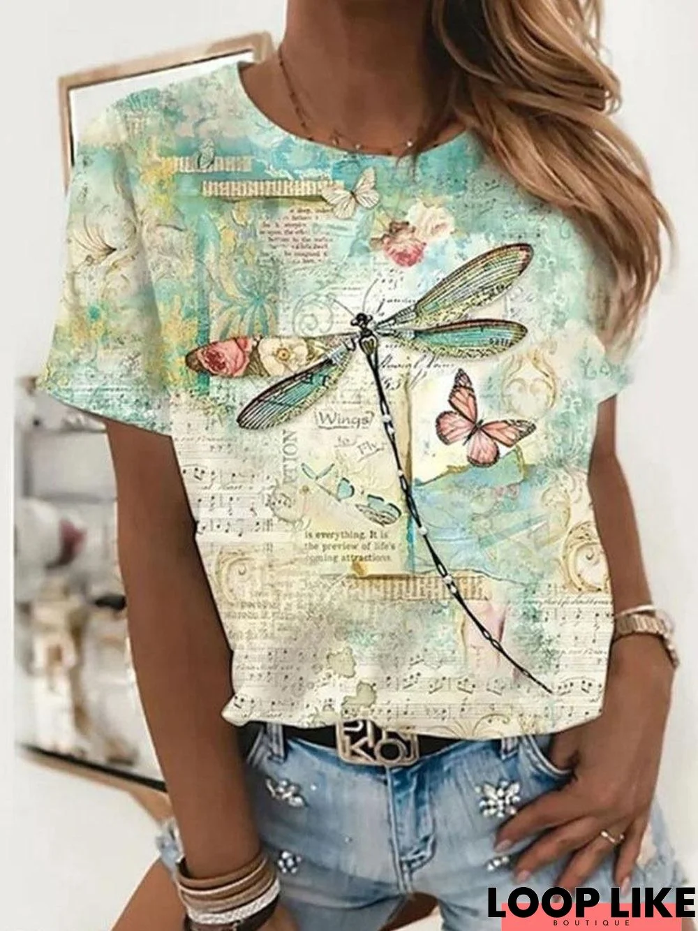 Vintage Print Round Collar Short-Sleeved T-Shirt