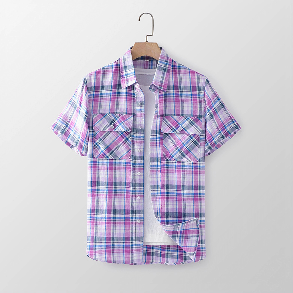 100% European Linen Men's Short Sleeves Plaid Shirt REAL SILK LIFE
