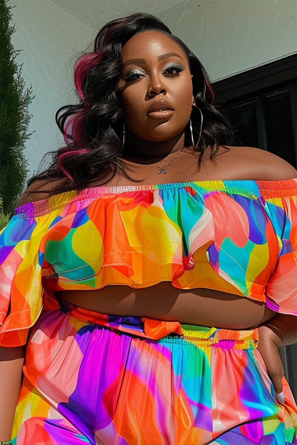 Design Plus Size Vacation Off The Shoulder Colorblock Two Pieces Crop Short Set [Pre-Order]