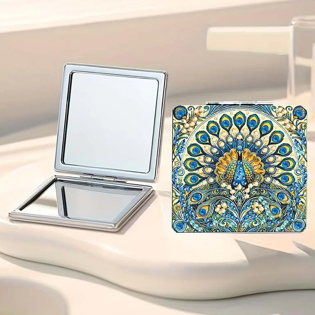 Blue Peacock DIY Special Shaped Diamond Painting Compact Mirror Kits Diamond Art Painting Pocket Mirror for Adults and Beginners