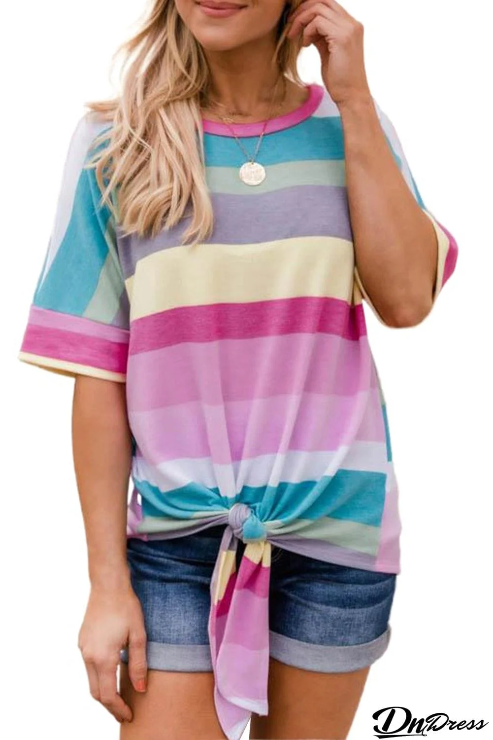 Colorful Striped Short Sleeve Top with Knot