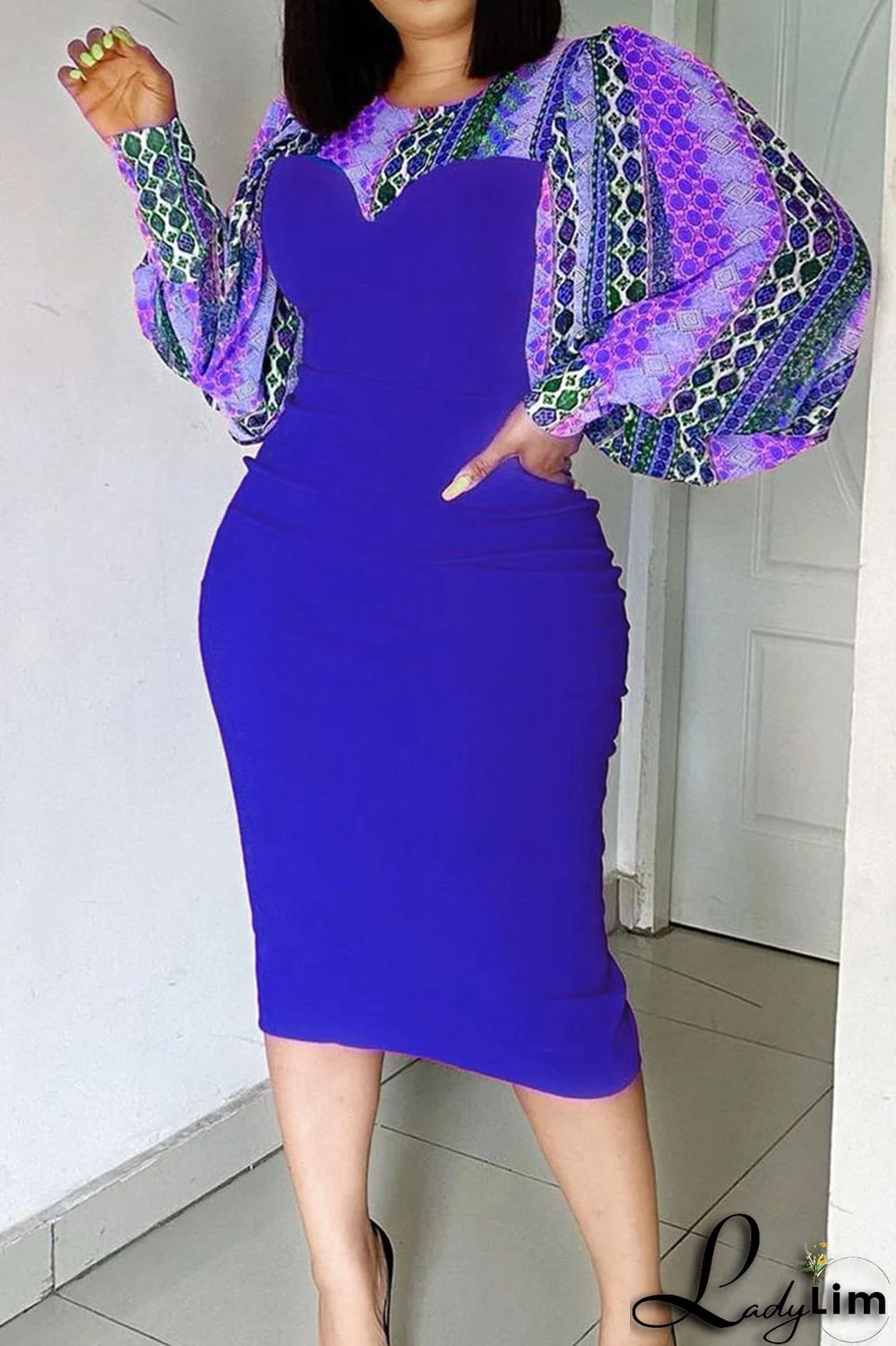 Blue Sexy Print Split Joint O Neck One Step Skirt Dresses