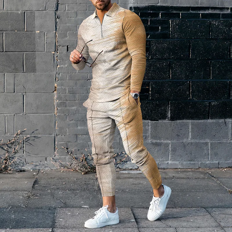 Gradient Khaki Polo Shirt And Pants Two Piece Set