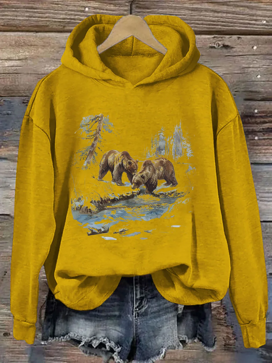 Retro Grizzly Bears Wilderness Scene Hoodie