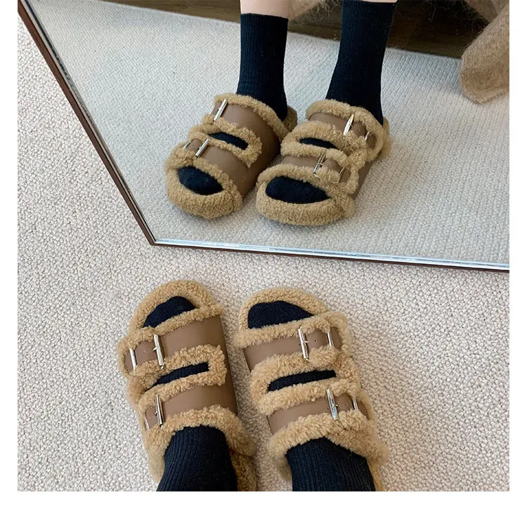 Women's Casual Colorblock Open Toe Flat Sole Plush Slippers