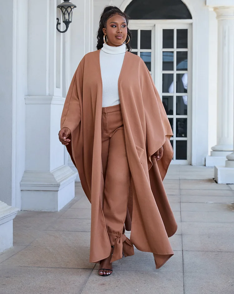 Solid Color Casual Maxi Poncho Long Cloak--Brown