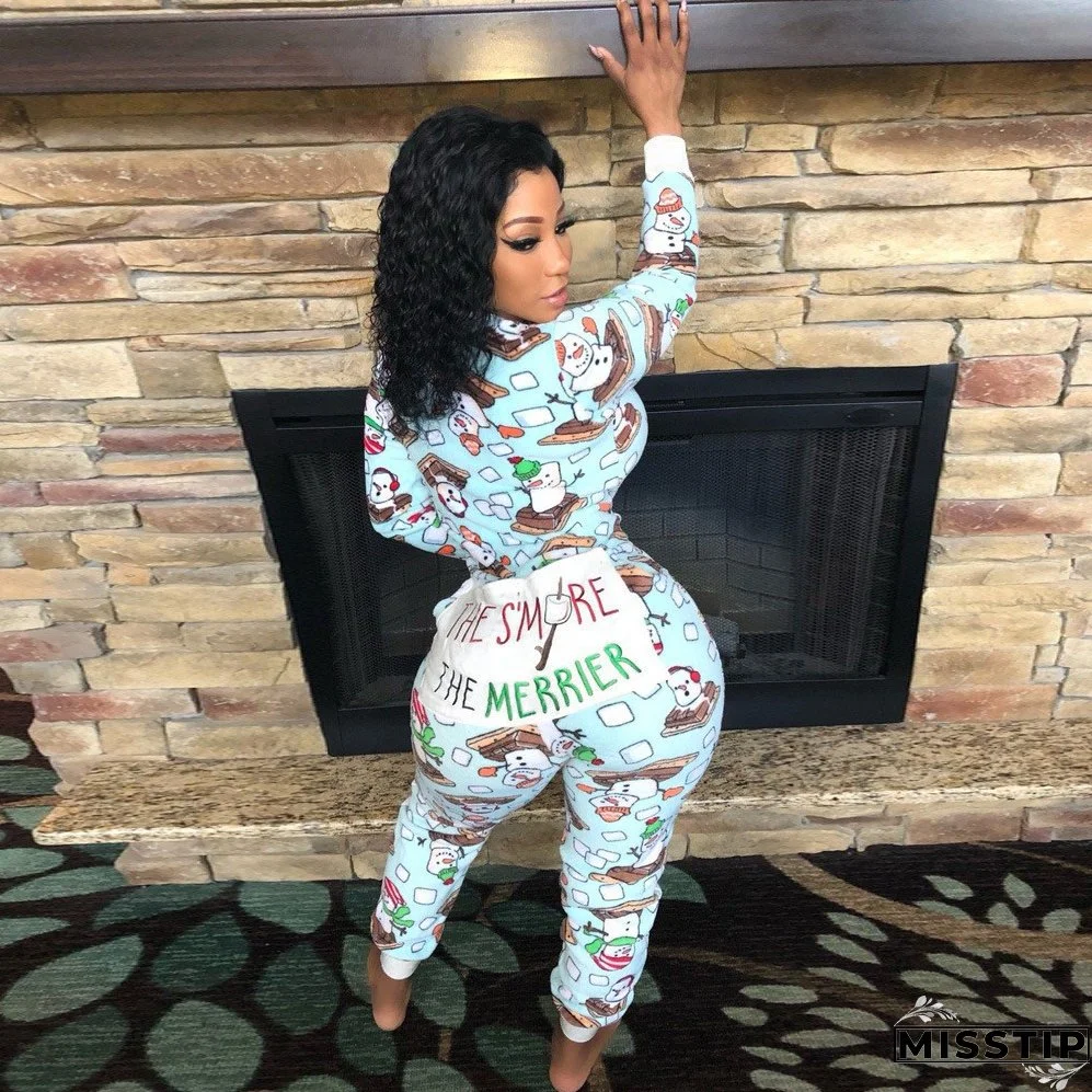 Christmas Women Printed Long Sleeve Jumpsuit