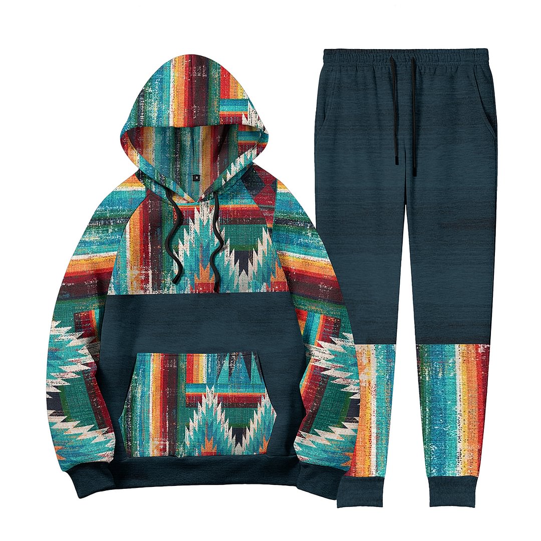 Casual Western Style Ethnic Blue Tracksuit Two Piece Set