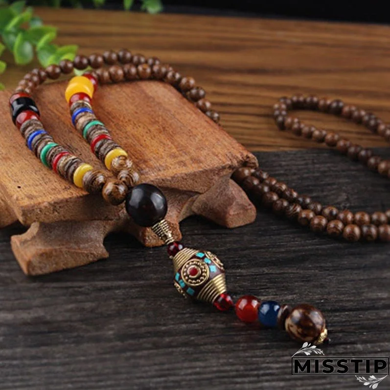Vintage Nepal Long Buddhist Mala Wood Beaded Pendant & Necklace Ethnic Bohemian Boho Buddha Lucky Jewelry for Women Men