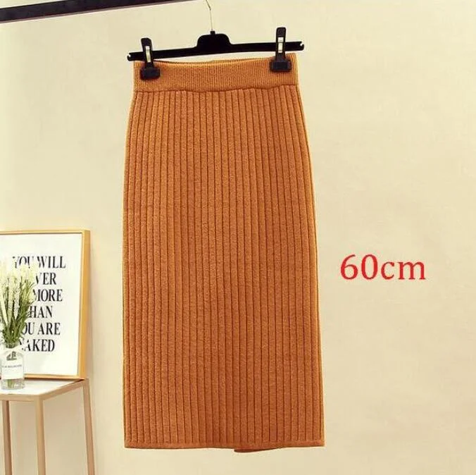 2020 Women's Spring Pencil Knitted Skirt High Waist Warm Elegant Knitting Ribbed Party Skirt Black Solid Ladies Office Skirts