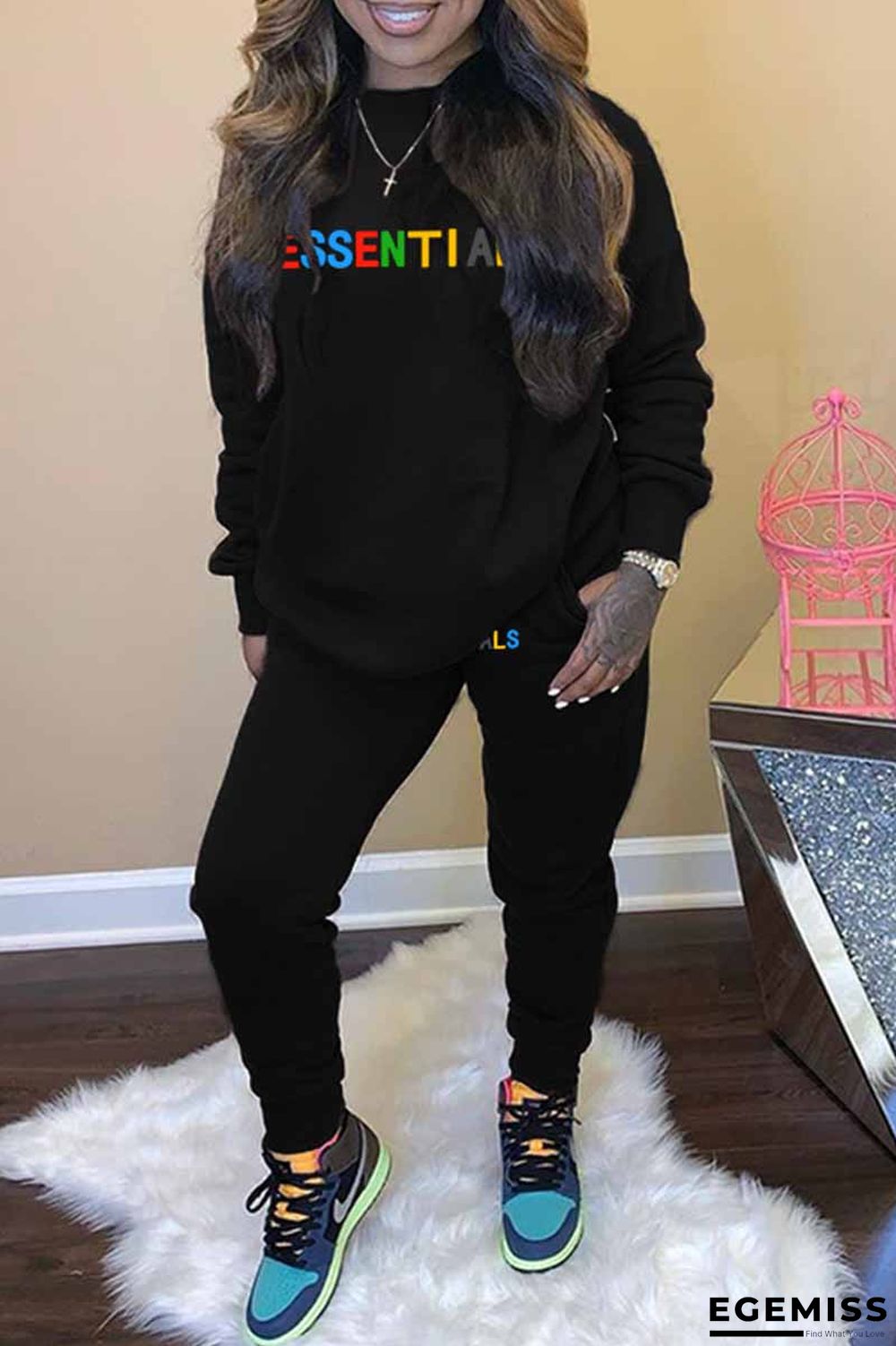 Black Casual Print Letter O Neck Long Sleeve Two Pieces | EGEMISS