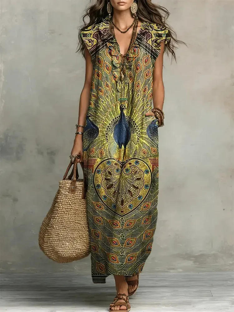 Women's Retro Peacock Pattern Art Print Casual Ruffled Stylish Cotton Linen Dress