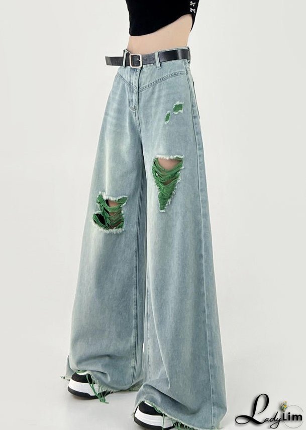 Boutique Pink Patchwork Ripped Denim Wide Leg Pants Fall