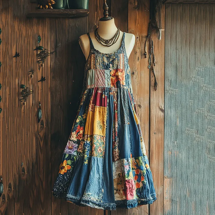 Lunivibe Fashionable Bohemian Denim Patchwork Suspender Dress