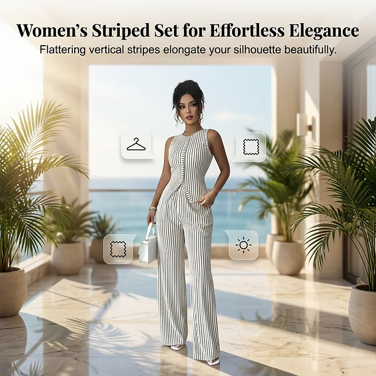 Completo Donna a Righe con Gilet e Pantaloni a Gamba Larga