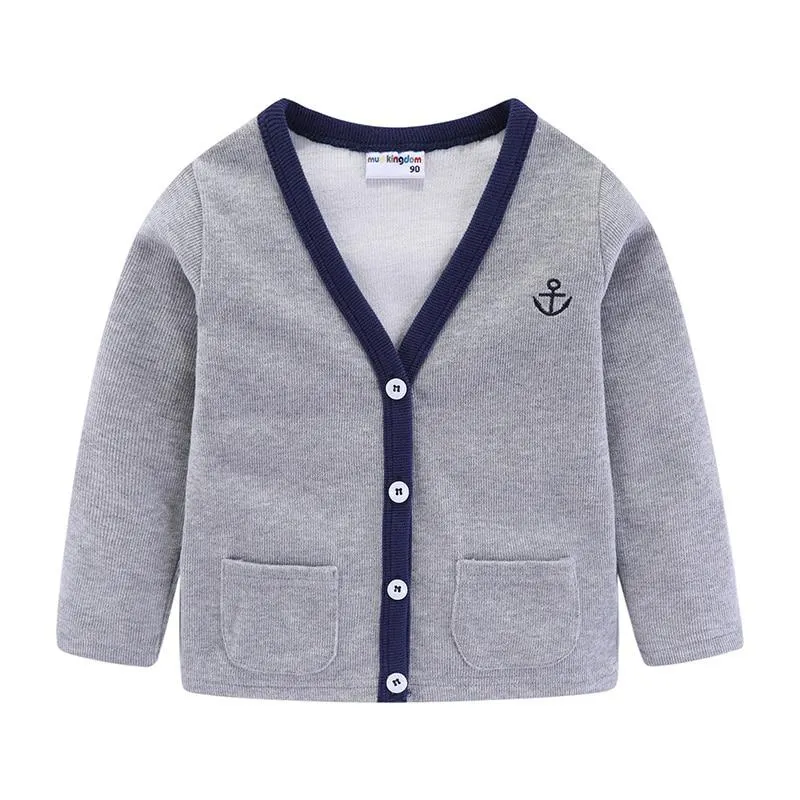 Mudkingdom Children Knit Cardigan Anchor Embroidery V-Neck Spring Autumn Sweater Baby Boy Clothes Winter