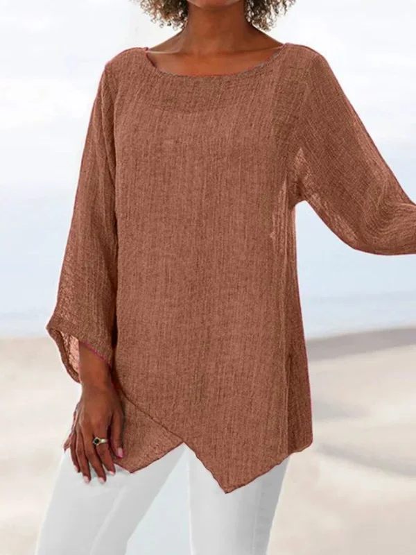 Linen Plain Round Collar Long Sleeve T-shirt