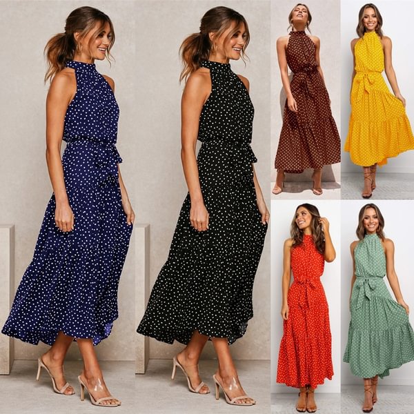 Women's Fashion Polka Dot Long Dress Sleeveless Halter Colelct Waist Summer Fashion Bohemian Dress - Life is Beautiful for You - SheChoic