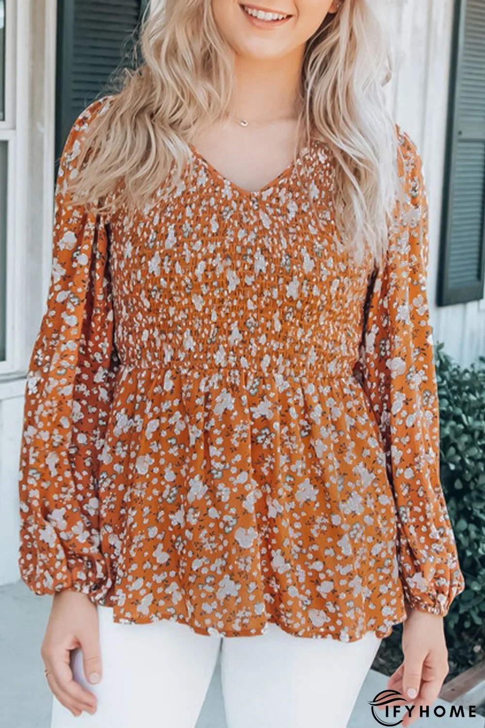 Orange Floral Print Shirred Long Sleeve V Neck Blouse | IFYHOME