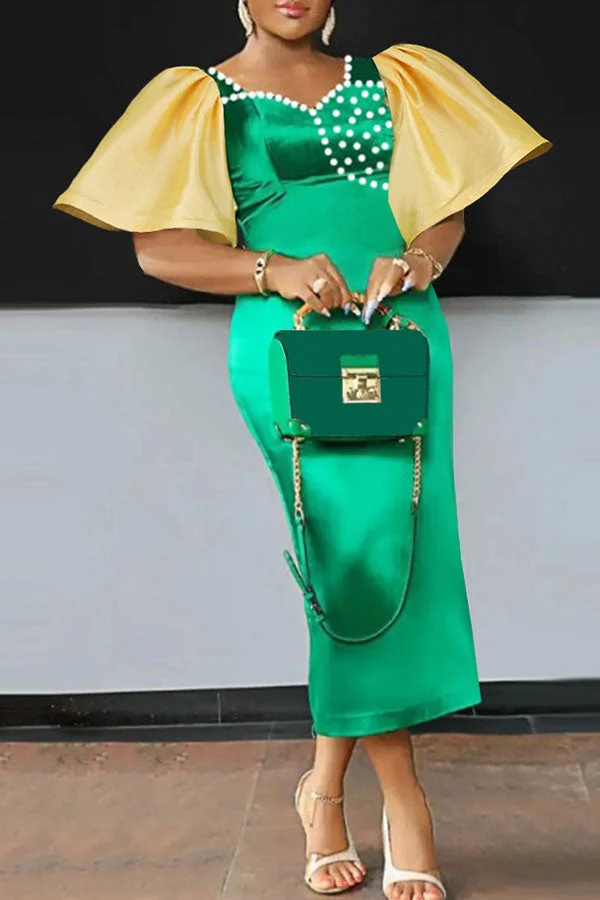 Color Block Beaded Decor Stunning Split Back Midi Dress