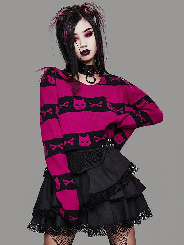 Dark Style Stripes Color-block Cat Crew Collar Long Sleeve Crop Sweater