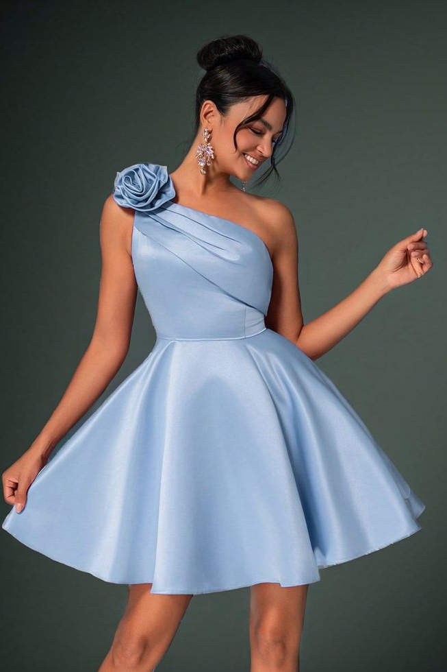 Daisda Sleeveless One-Shoulder A-Line Homecoming Dress With Handmade Flower