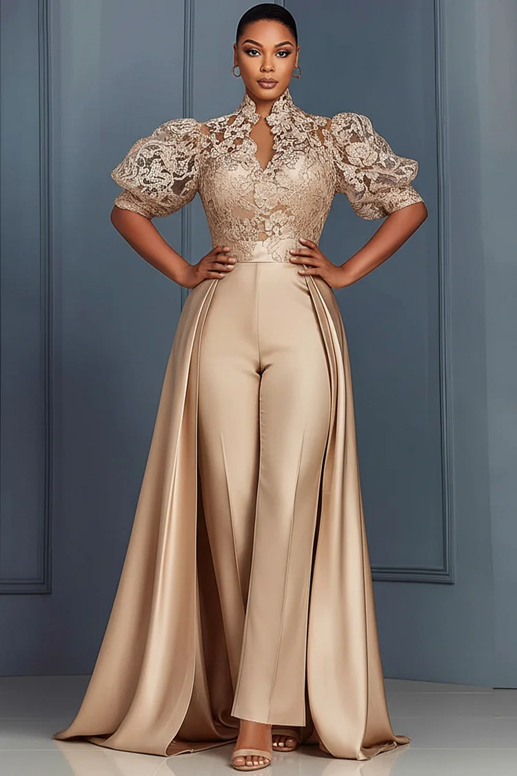 Xpluswear Design Plus Size Formal Satin Champagne Stand-Up Collar Puff Sleeve Short Sleeve Pocket With Skirt Overlay Lace Jumpsuits [Pre-Order]