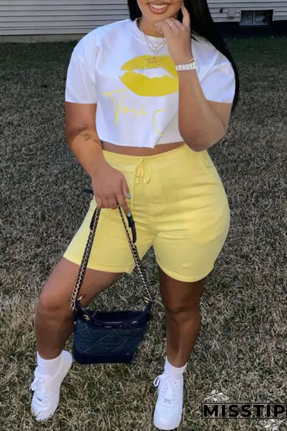 Yellow Fashion Casual Letter Lips Printed Basic O Neck Short Sleeve Two Pieces