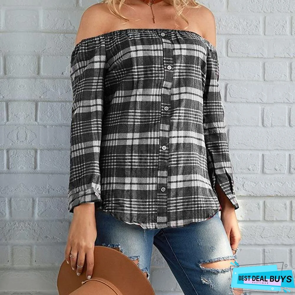 Women Plaid Shirt Sexy Off Shoulder Long Sleeve Tops Shirt Slash Neck Blouses
