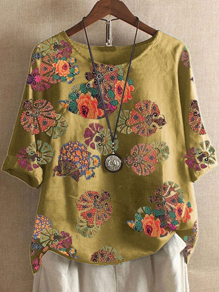 Soft Cotton Linen Short Sleeve Printed O-Neck Ladies blouses Tops