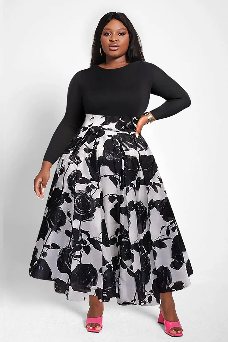 Xpluswear Design Plus Size Semi Formal Midi Dresses Elegant Black Floral Fall Winter Crew Neck Long Sleeve Knitted Midi Dresses With Pocket [Pre-Order]
