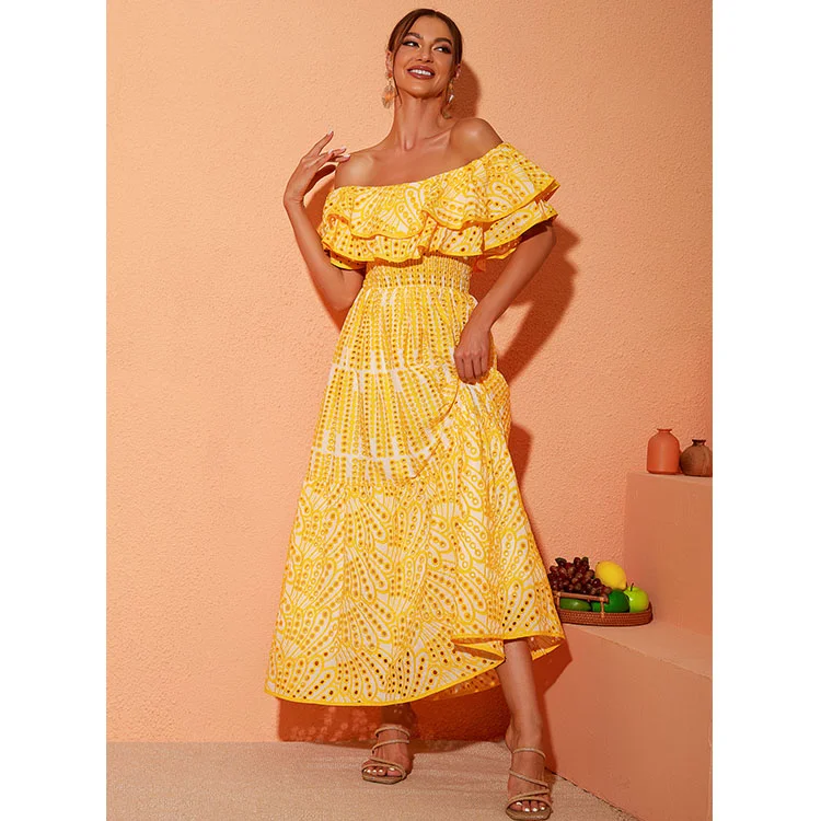 Double Ruffle Embroidery Hollow Out Dress