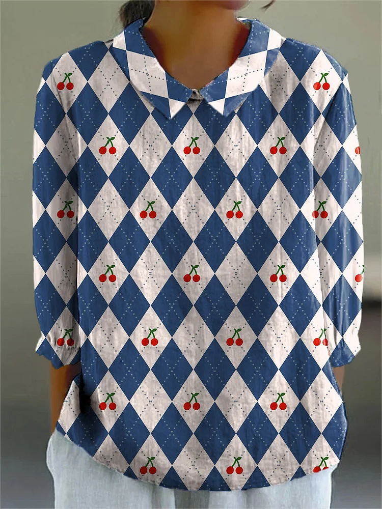 French Style Cherry And Check Pattern Printed Women's Casual Cotton And Linen 3/4 Sleeve Shirt