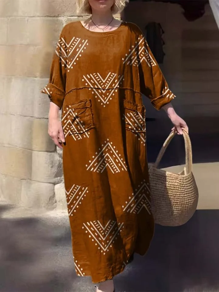Women's Round Neck Geometric Print Three-quarter Sleeve Pocket Cotton Dress