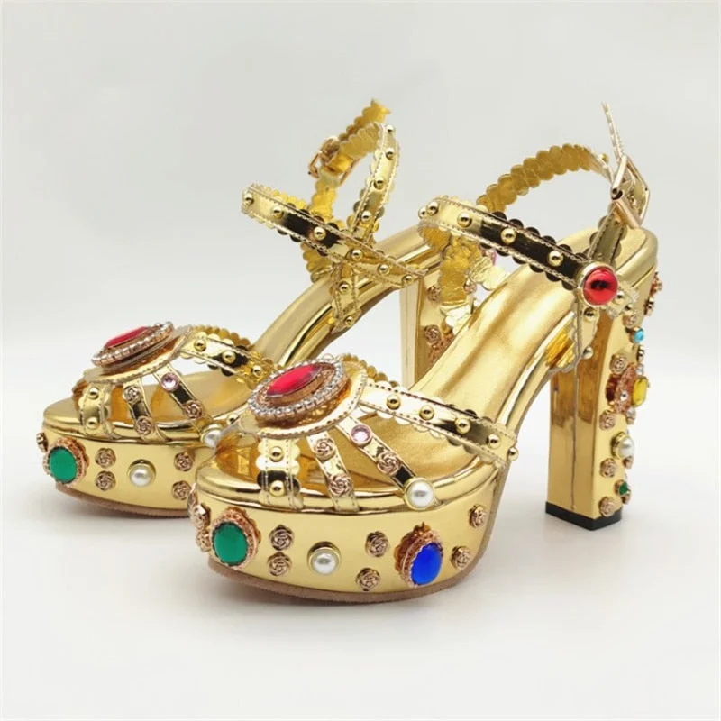 Women Sandals Mirror Leather Rhinestone Waterproof Platform Thick Heel Baroque Fish Mouth Girl Shoes Buckle Strap Buty Damskie