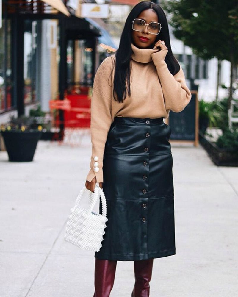 Women's Leather Single Breasted Skirt Mid-length Midi Dresses