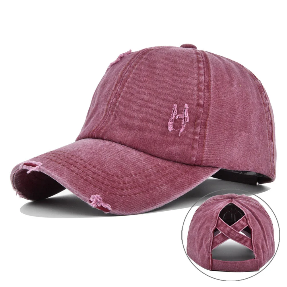 Criss Cross Hat Washed Distressed Baseball Cap Ponytail Hat High Messy Bun Ponycap for Women