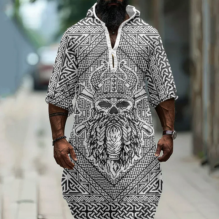 Men's Viking Ethnic Pattern Linen Long Hooded Tunic
