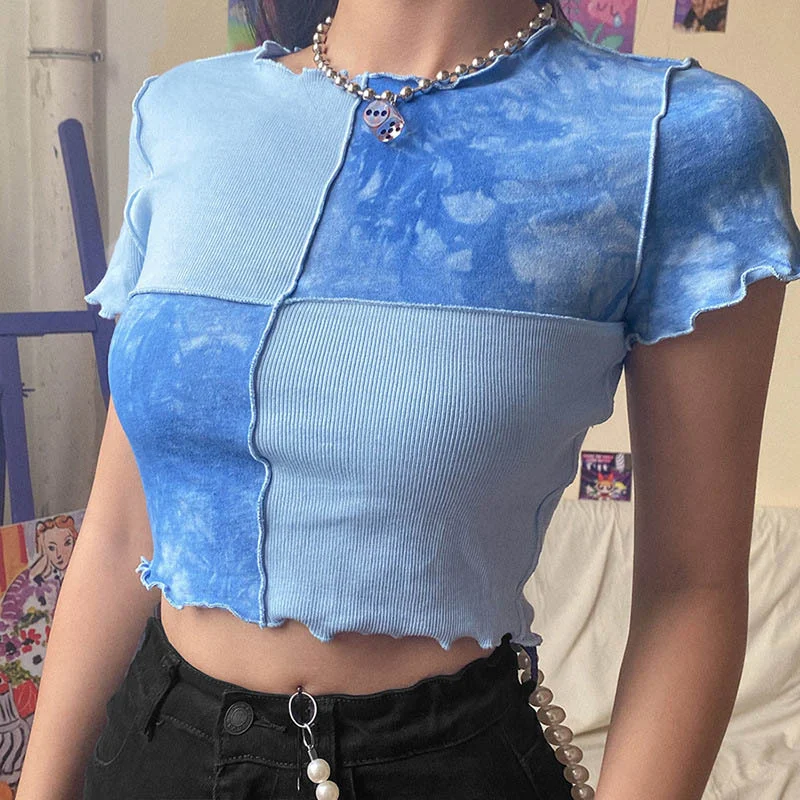 Ueong Ueong Women's Summer New Fashion Splicing Round Collar Exposed Navel Wood Edge T-Shirt Women