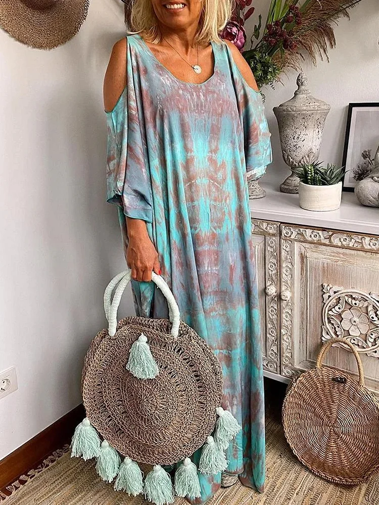 Casual Tie Dye Cold Shoulder 3/4 Sleeve Loose Maxi Dress