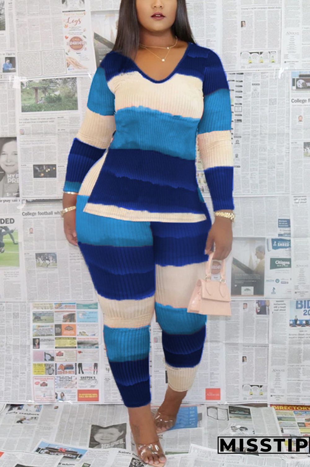 Multi-color Casual Milk Fiber Print V Neck Long Sleeve Regular Sleeve Regular Two Pieces