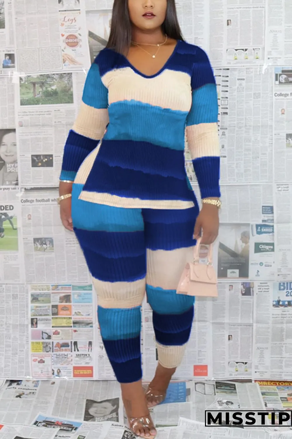 Multi-color Casual Milk Fiber Print V Neck Long Sleeve Regular Sleeve Regular Two Pieces
